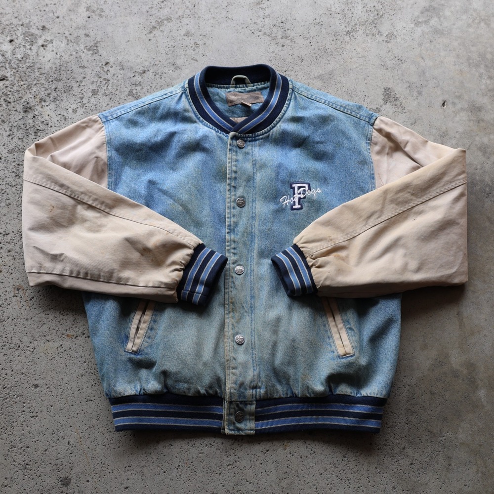 Vintage 90s Port Authority Denim Varsity Jacket Khaki Sleeves Hot Dogs Size L
